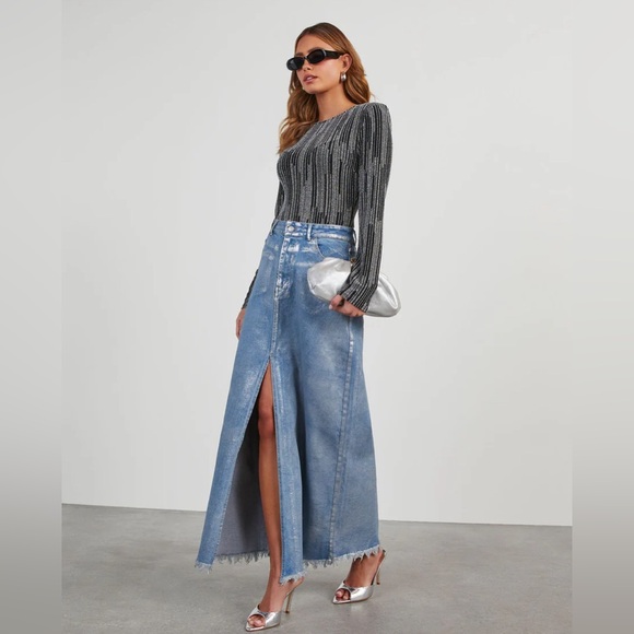 NWT VICI Zeena Metallic Denim Maxi Skirt |Size Large - Picture 1 of 6